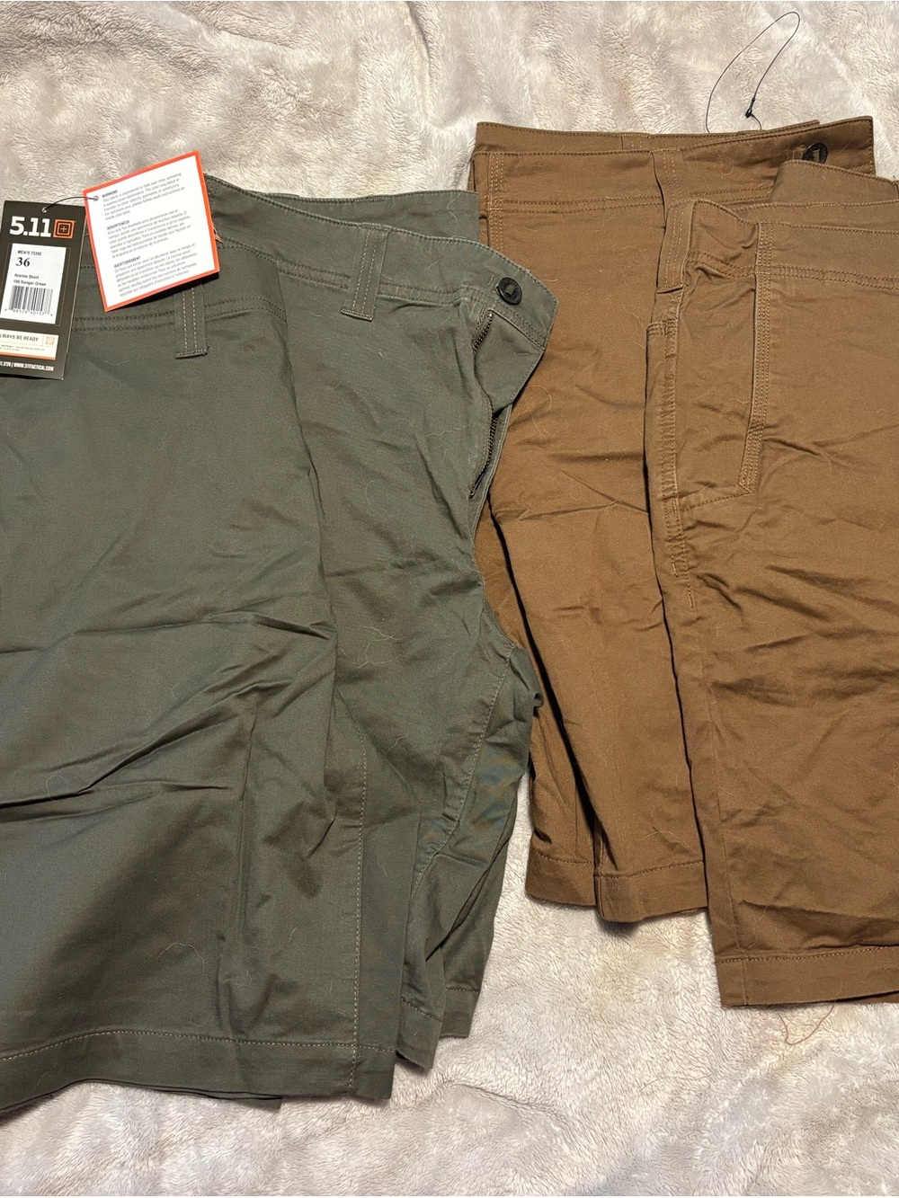 5.11 Tactical Men's Aramis Shorts — 2 pair Olive Green & 2 pair coyote Brown
